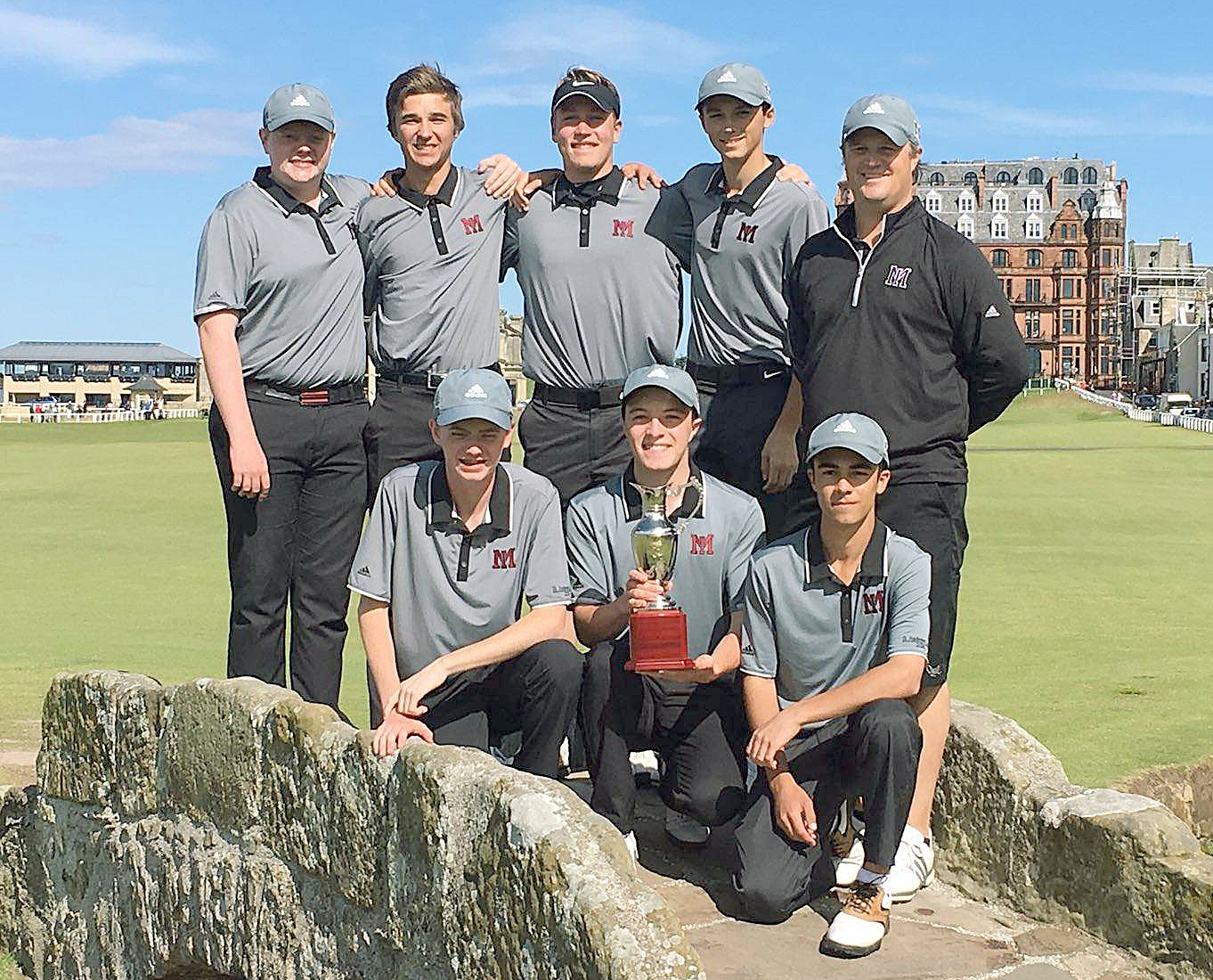 Members of last year’s Mercer Island boys varsity golf team show off their trophy after winning the American High School Golf Championships in Scotland earlier this month. From left