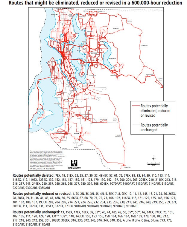 King County Metro released this map showing the routes affected by a budget shortfall.