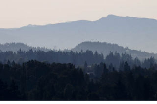 Rolling hills are compressed in layers against the Cascade Mountains in this morning view from the South end of Mercer Island