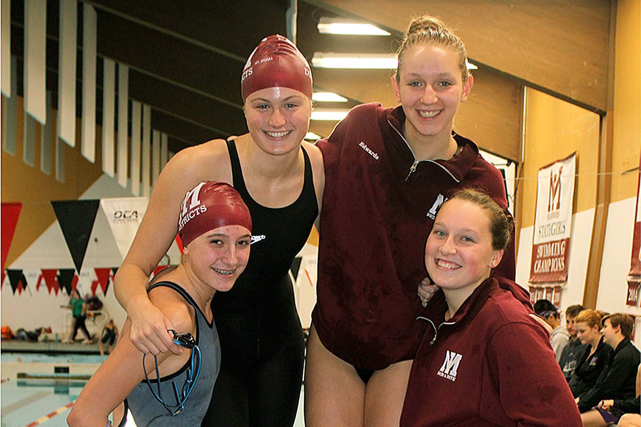 From left, Mercer Island 200 freestyle relay swimmers Ellie Bailey, Heather Robinson, Sammie Edwards and Maeve Murdoch. Photo courtesy of Sarah Edwards.
