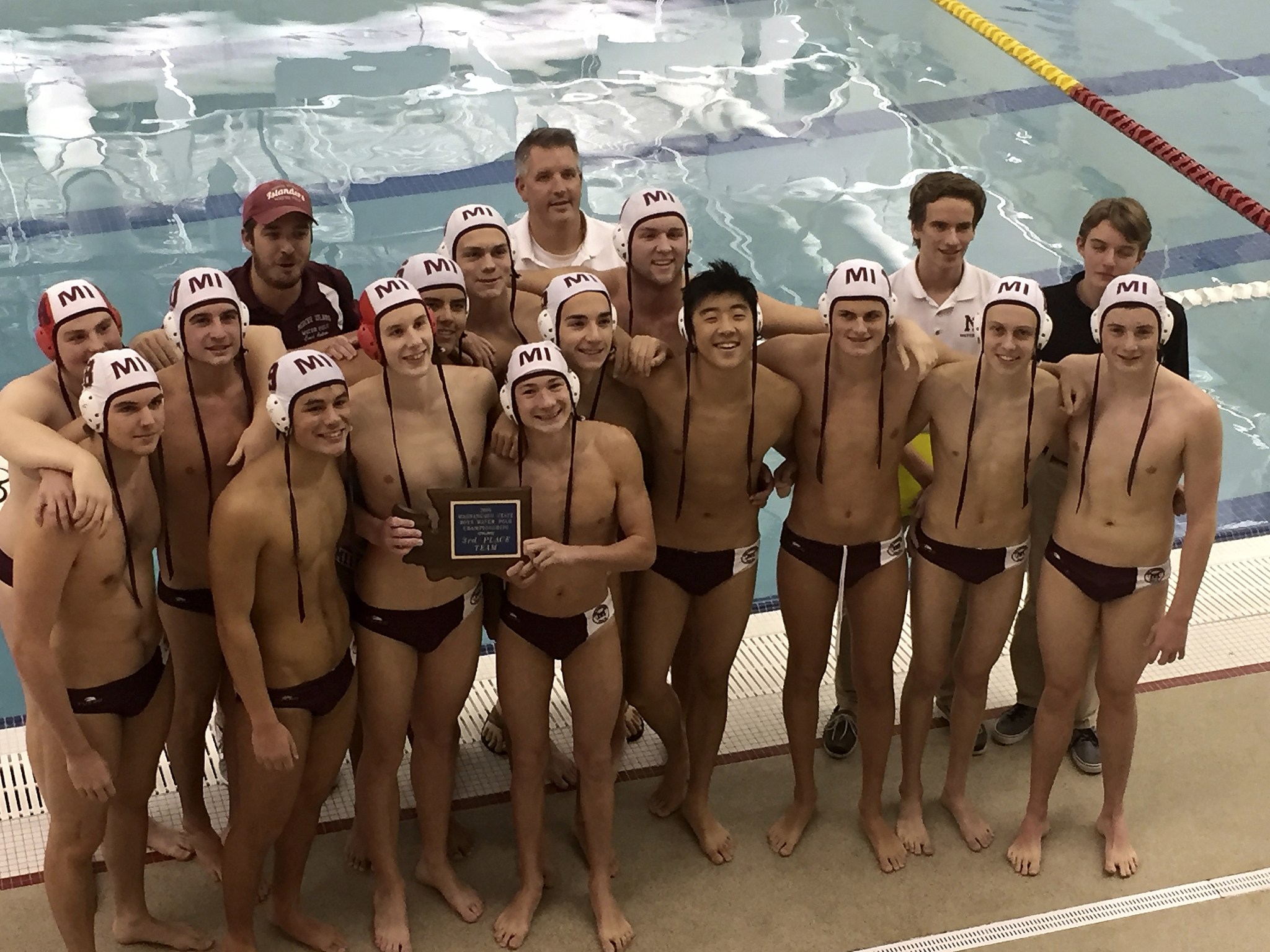 The Mercer Island Islanders boys water polo team captured third place at the state tournament on Nov. 12 at the Curtis Aquatic Center in University Place. The Islanders, who trailed Roosevelt 5-1 in the third/fourth place game at halftime, earned a 10-9 comeback victory.                                Photo courtesy of Ann Marie Guedel