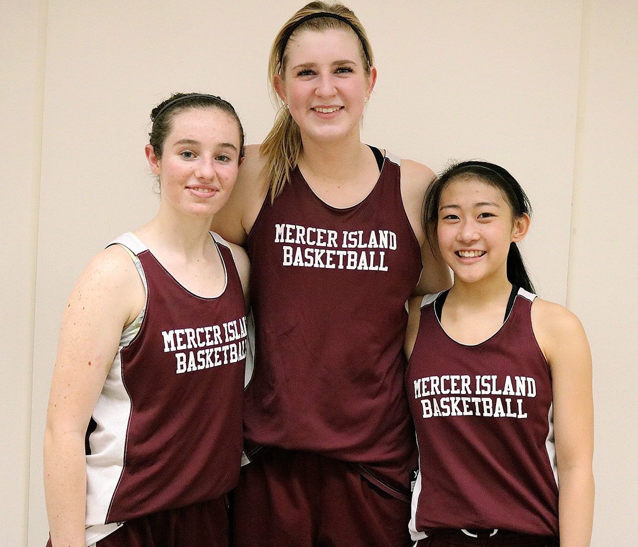 From left, Mercer Island girls basketball players Claire Mansfield, Anna Luce and Kailee Yan. Joe Livarchik/staff photo.