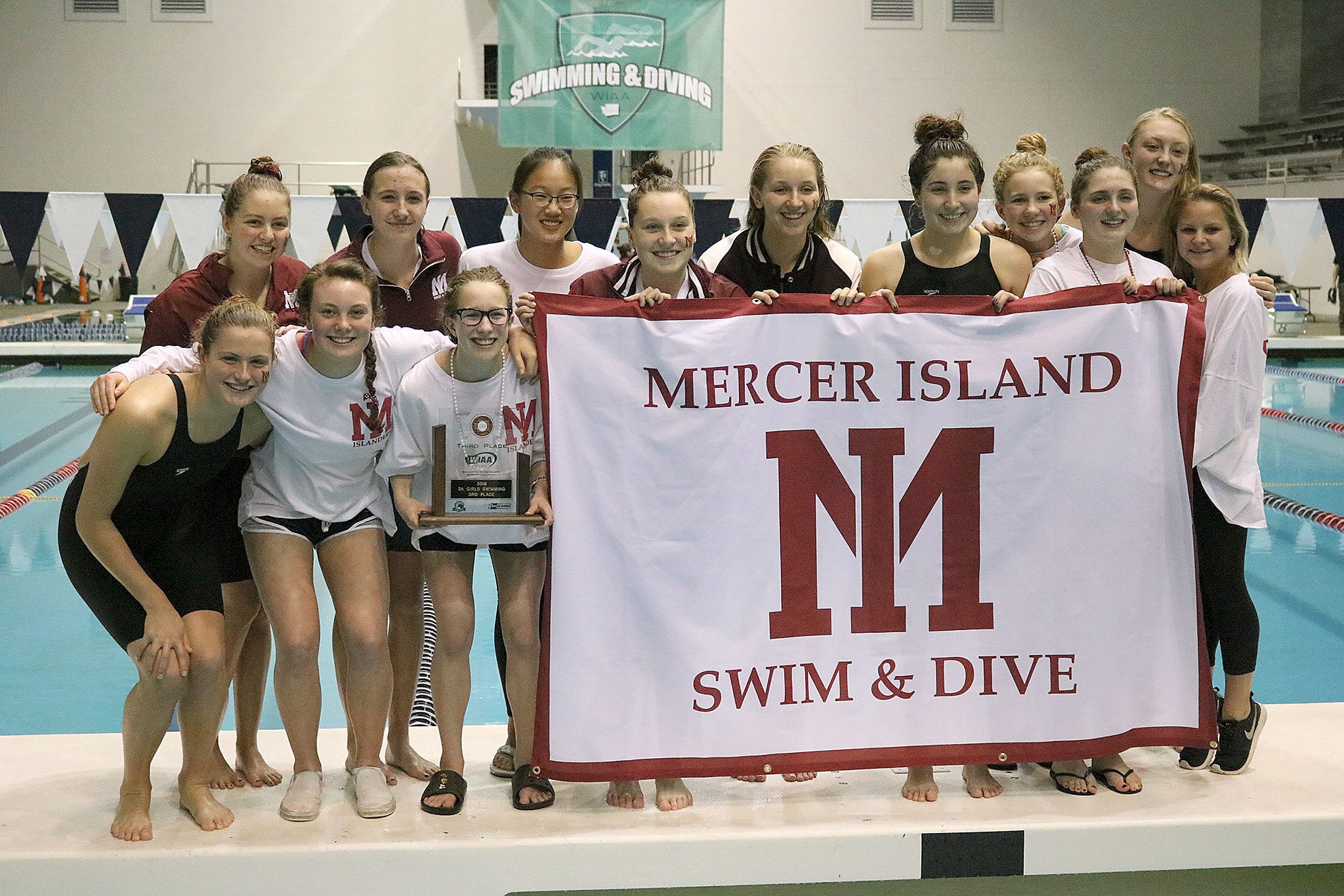The Mercer Island girls swim and dive team placed third at the 3A state championships Saturday at King County Aquatic Center in Federal Way. Joe Livarchik/staff photo.