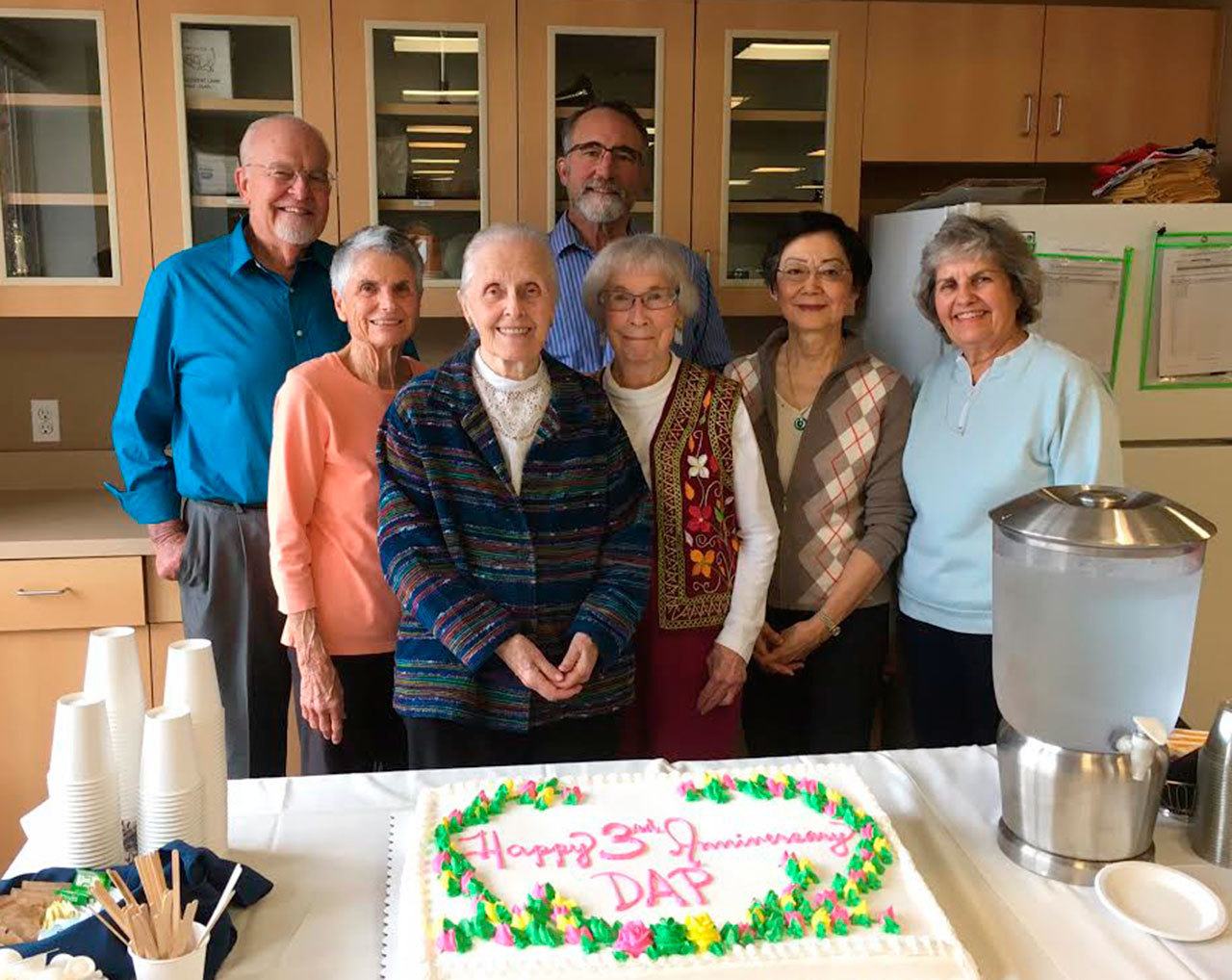 From left, Diversity Awareness Partners Mark Jensen, Biji Keigley, Ruth Kverndal, Tom Nielsen (back), Joy Thomson, Lorinda Tang and Joan Selvig pose during the celebration of the third anniversary of their group. Photo courtesy of Covenant Shores