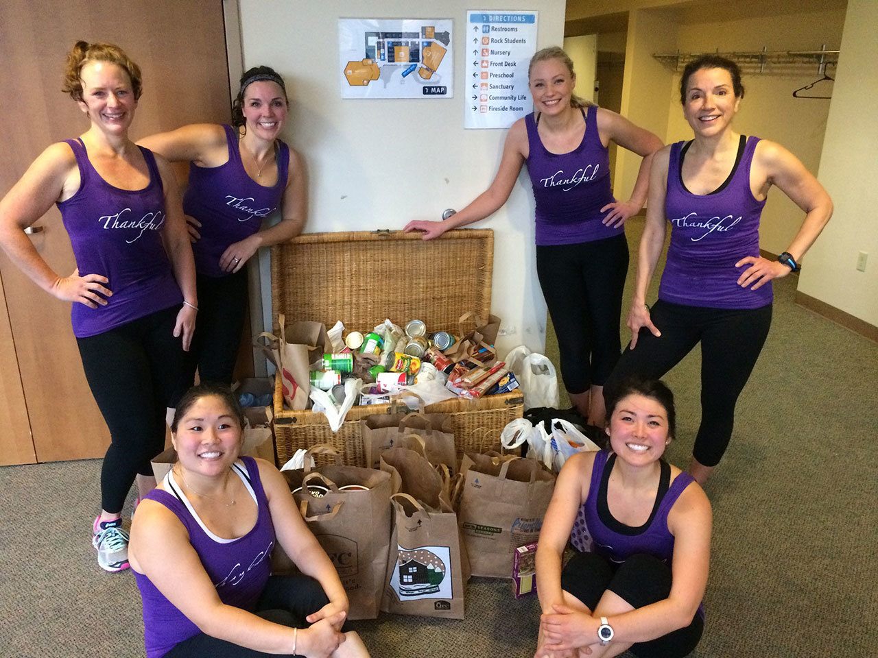 Nearly 80 people last week for a Thanksgiving jazzercise class at Mercer Island Presbyterian Church. They collected donations to stock the Mercer Island Youth and Family Services Food Bank. Contributed photo