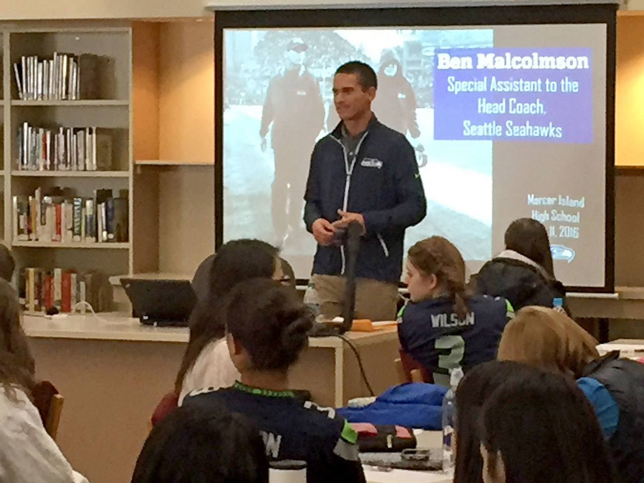 Ben Malcolmson, special assistant to Seattle Seahawks head coach Pete Carroll, speaks to Mercer Island High School students about reaching their potential. Photo courtesy of Craig Degginger/Mercer Island School District