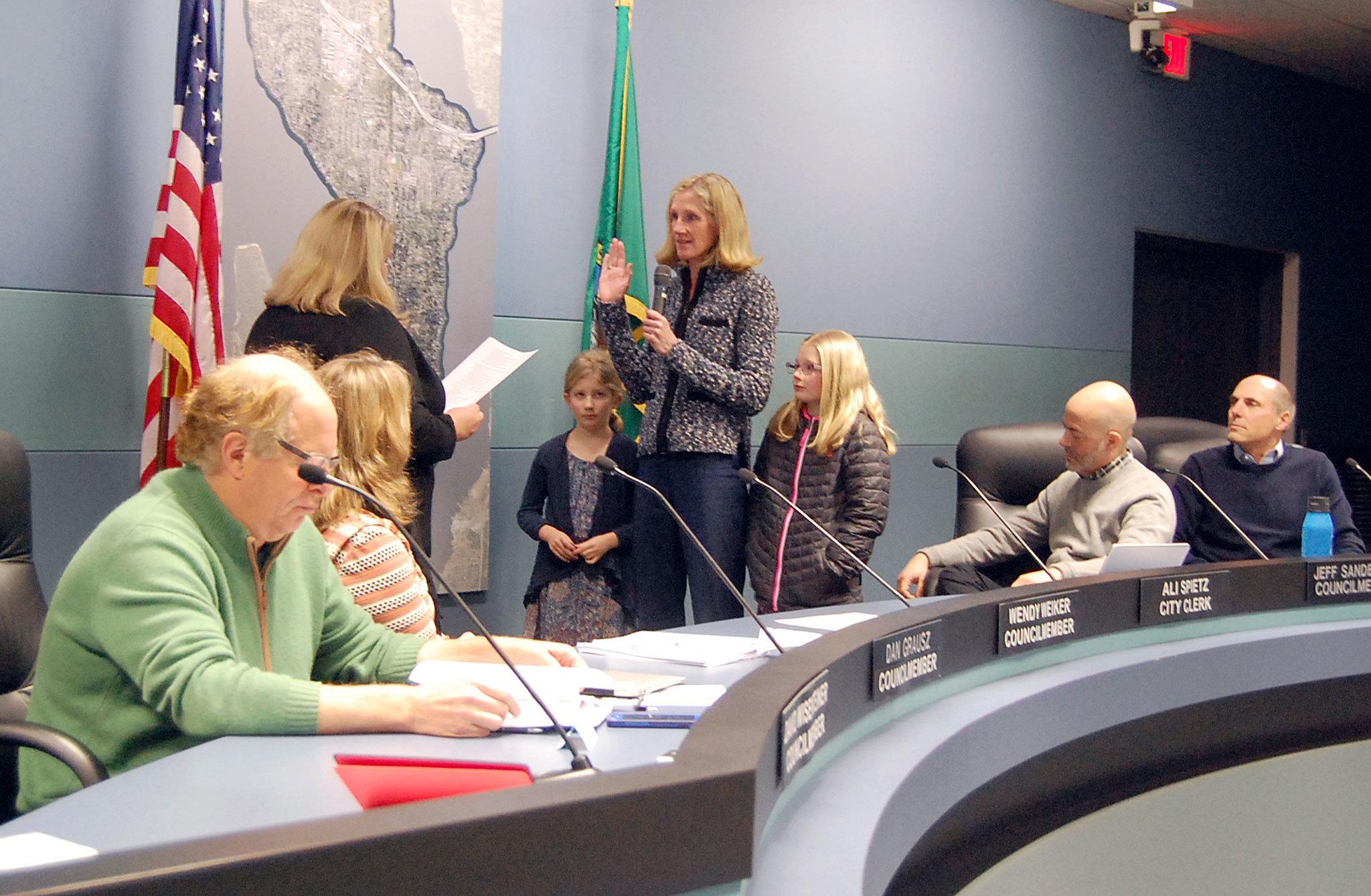 Returning council member Debbie Bertlin was sworn in to her seat on Jan. 4, and later chosen to serve as deputy mayor. Katie Metzger/staff photo
