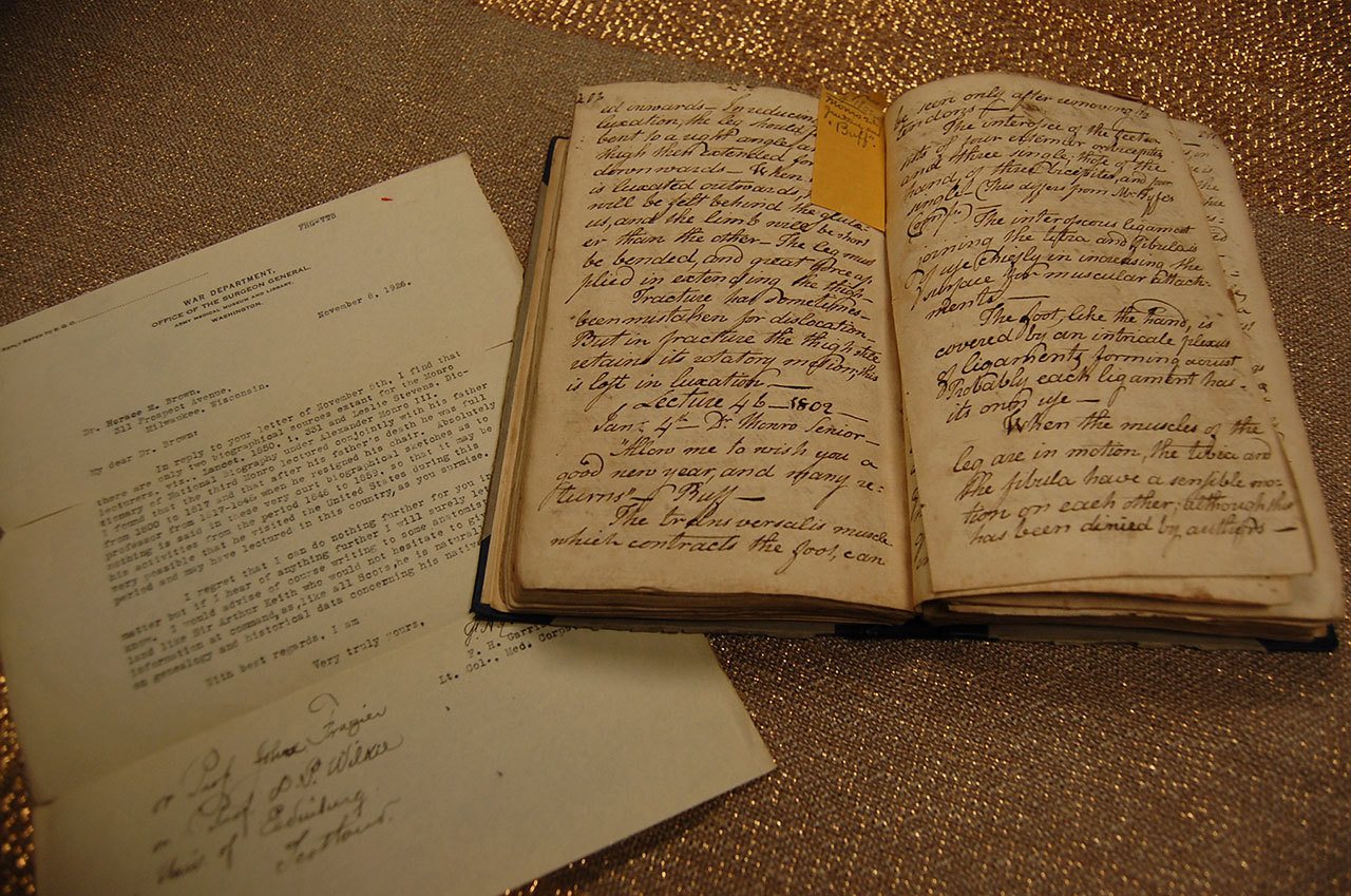 A book of surgery notes from 1801 (right) and a 1926 letter to the War Department, Office of the Surgeon General requesting information on the history of the book (left) were donated to the Mercer Island Thrift Shop. Katie Metzger/staff photo