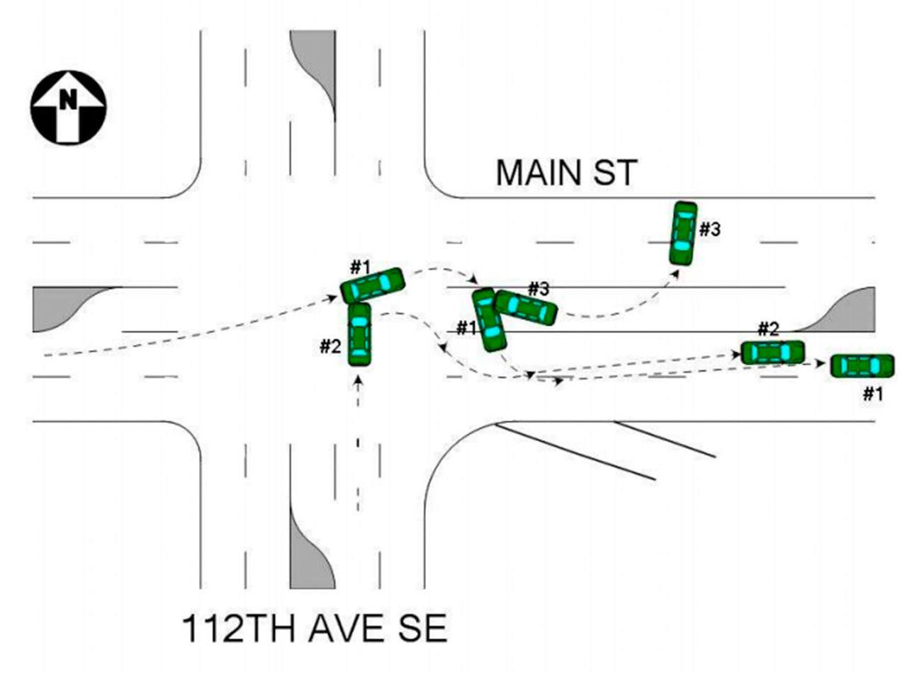 A police visual showing the chain of events that lead to the 2014 crash. Police officer Steven Sargent (car #1) was traveling eastbound on Main Street when he was struck by a police cruiser driven by officer Eric Lee (car #2). The force propelled Sargent’s car into the Kobayashi family’s vehicle (car #3), pushing them backwards. Image courtesy of the Bellevue Police Department.
