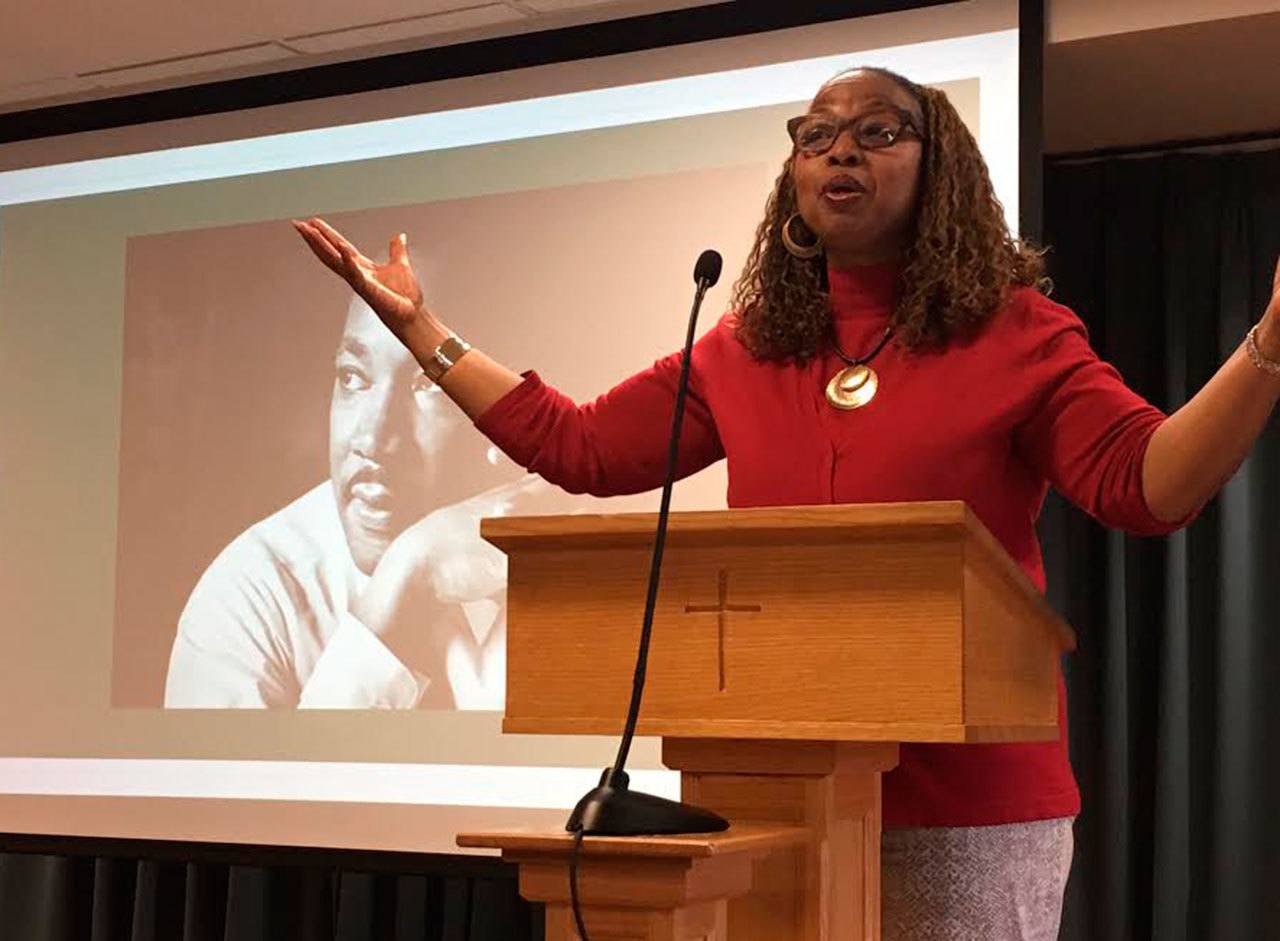 Dr. Brenda Salter McNeill gives the keynote address at the annual MLK observance at Covenant Shores. Photo courtesy of Greg Asimakoupoulos