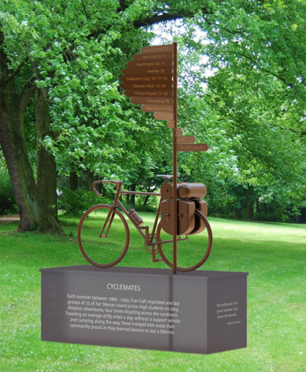 A bronze sculpture designed by artist Pamela DeVries will commemorate Fran Call’s Cyclemates. Image courtesy of Cyclemates
