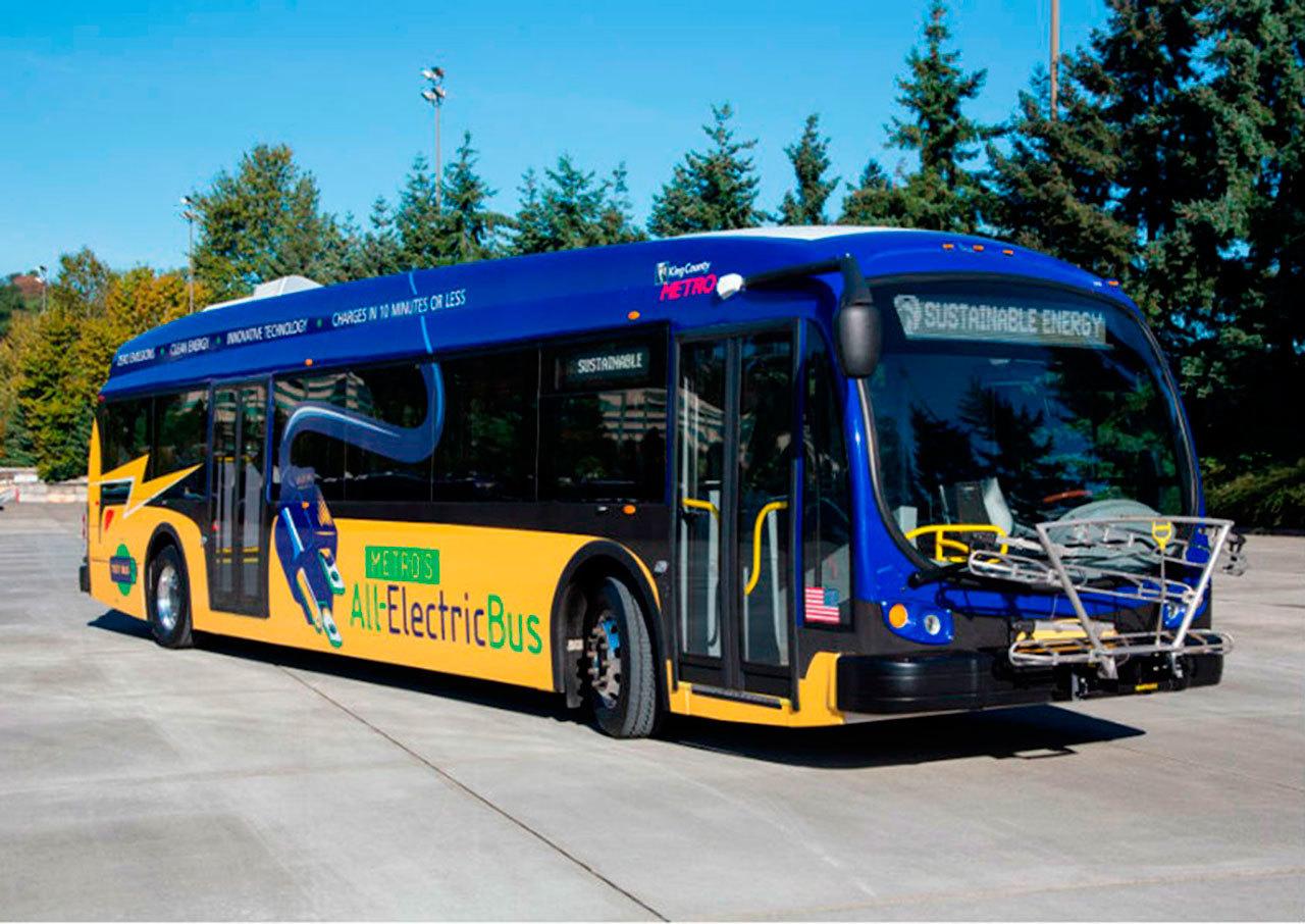 Metro began testing its first all-electric, battery-powered buses in 2016. Photo courtesy of King County