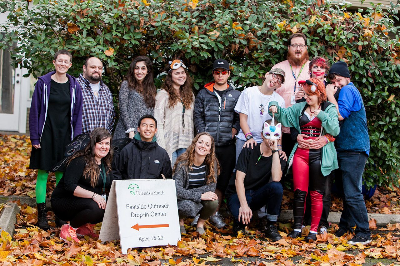 Friends of Youth guests in front of the Redmond drop-in center, which becomes The Landing shelter for young adults 18-24 each night. Courtesy of Friends of Youth