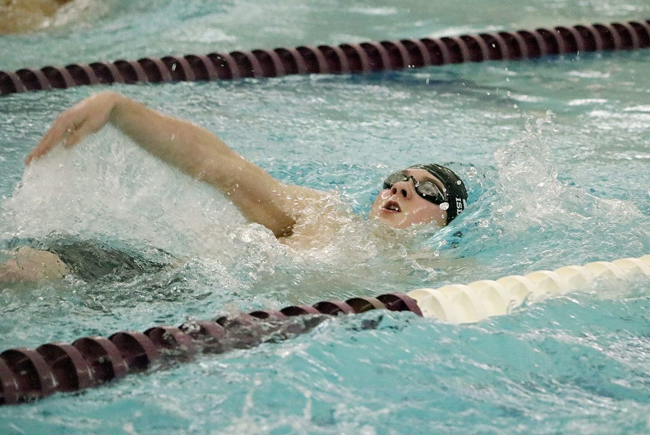 Mercer Island’s Killian Riley competes in the 200 IM at the KingCo championships Saturday at Kamiak High School. Riley won the event with a time of 2:00.69 (Joe Livarchik/staff photo).