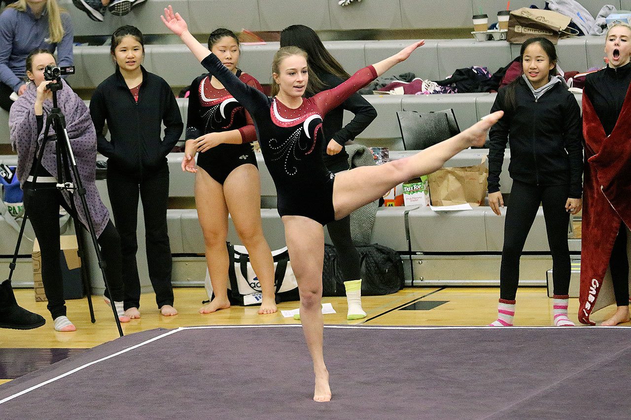 Mercer Island’s Madeline Gile performs her floor routine at the KingCo 2A/3A gymnastics championships Feb. 4 at Issaquah High School (photo courtesy of Willy Paine).