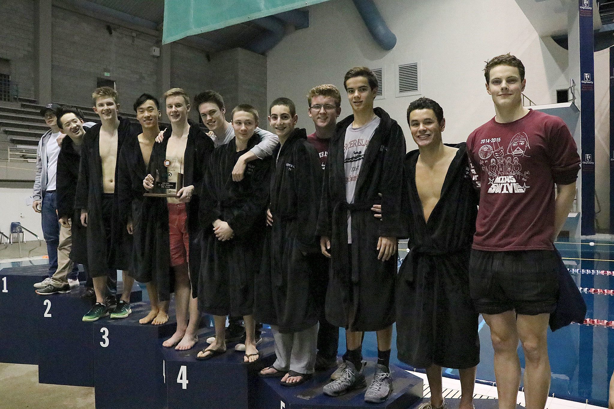 The Mercer Island boys swim and dive team placed third overall at the 2017 3A state championship meet Saturday at King County Aquatic Center in Federal Way (Joe Livarchik/staff photo).