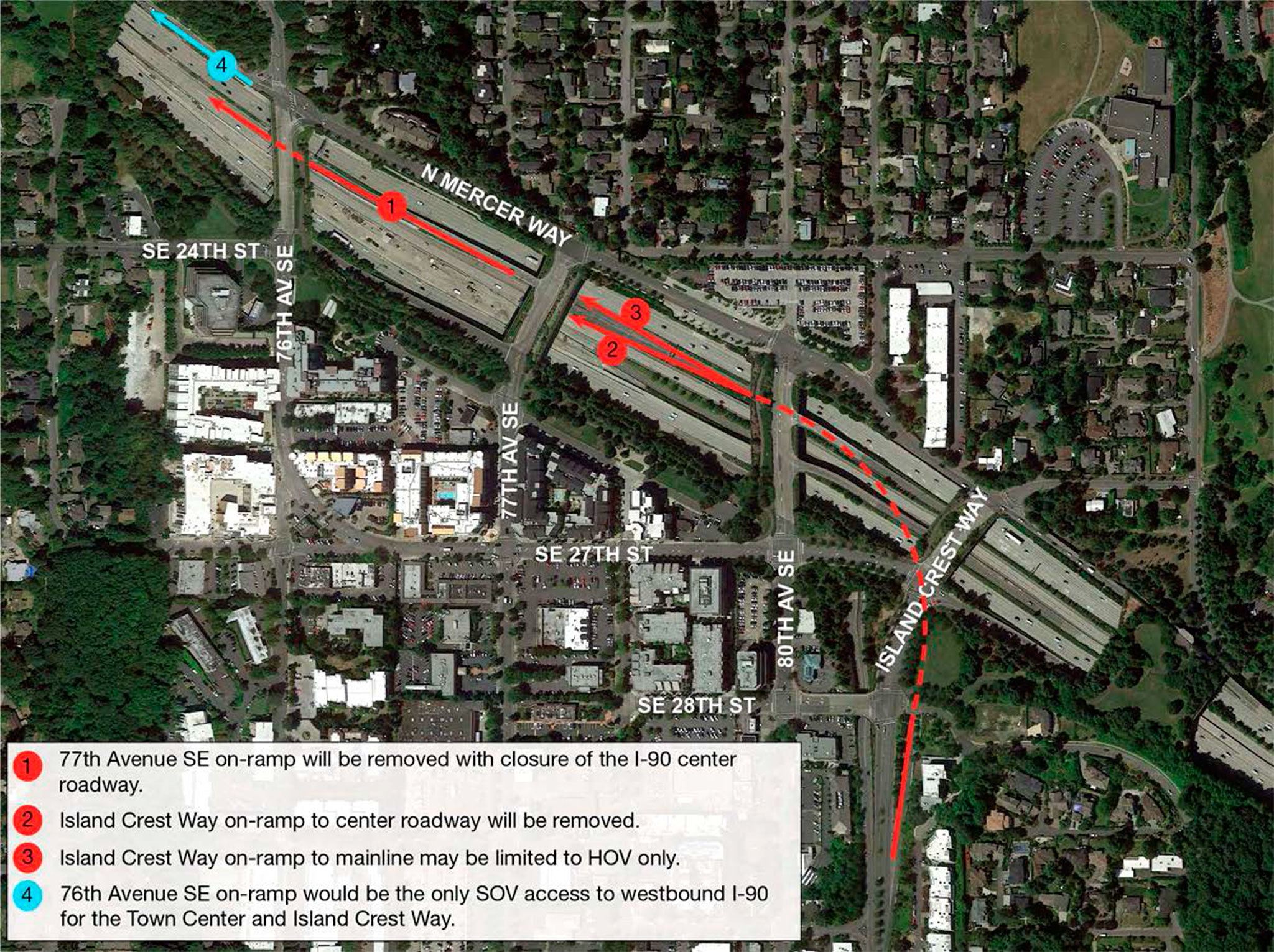 This graphic shows the changes to the Interstate 90 on-ramps in Mercer Island Town Center. Image courtesy of KPG