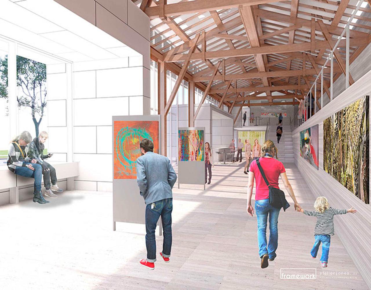 This rendering shows the lobby of the proposed Mercer Island Center for the Arts. Rendering courtesy of the Mercer Island Center for the Arts