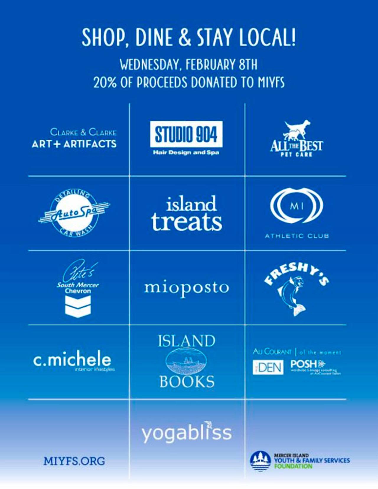 Thirteen local businesses are donating 20 percent of their proceeds to MIYFS on Feb. 8. Photo courtesy of the city of Mercer Island