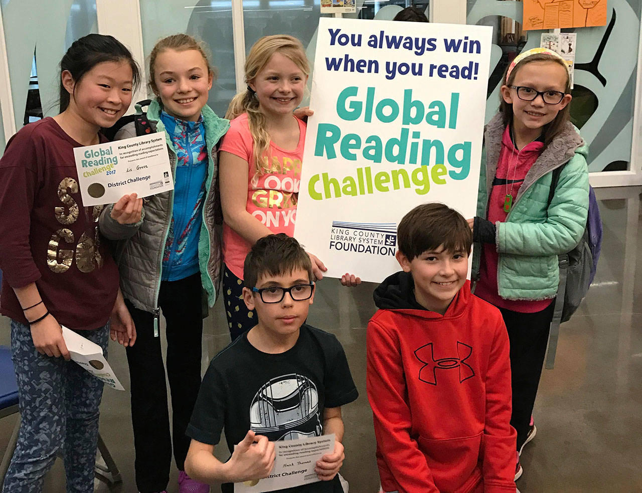 The Lakeridge Elementary Reading Raccoons (from left, Isabel Peng, Lis Grove, Kate Lenington, Henry Thomas, Sebastian Gonzales and Lauren Evans) represented Mercer Island at the Regional Global Reading Challenge on March 13, placing third. Photo courtesy of Denise Thomas