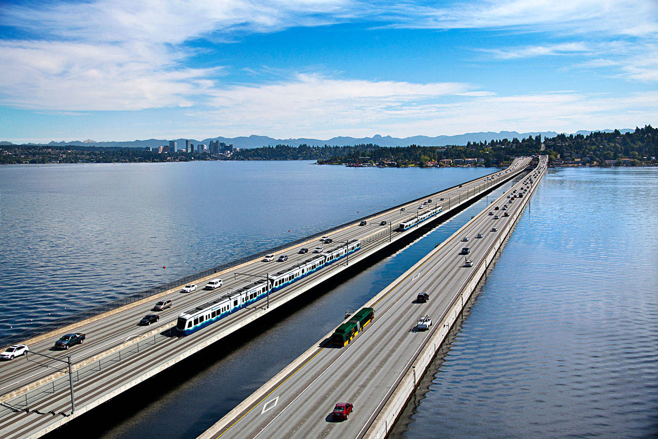 A rendering of light rail on the Interstate 90 floating bridge between Seattle and Mercer Island. Image courtesy of Sound Transit