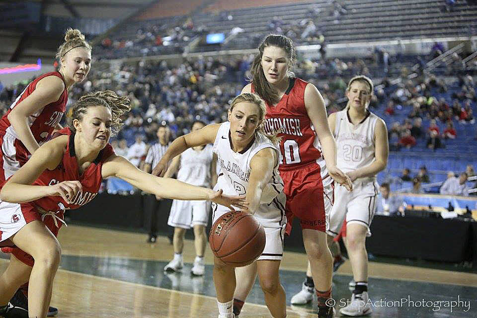Photo courtesy of Don Borin/Stop Action Photography                                Mercer Island’s Josie Blakeslee hustles for a loose ball in the Class 3A state semifinals against Snohomish. The Islanders will face the Bishop Blanchet Braves in the Class 3A state championship game at 3 p.m. on March 4 at the Tacoma Dome.