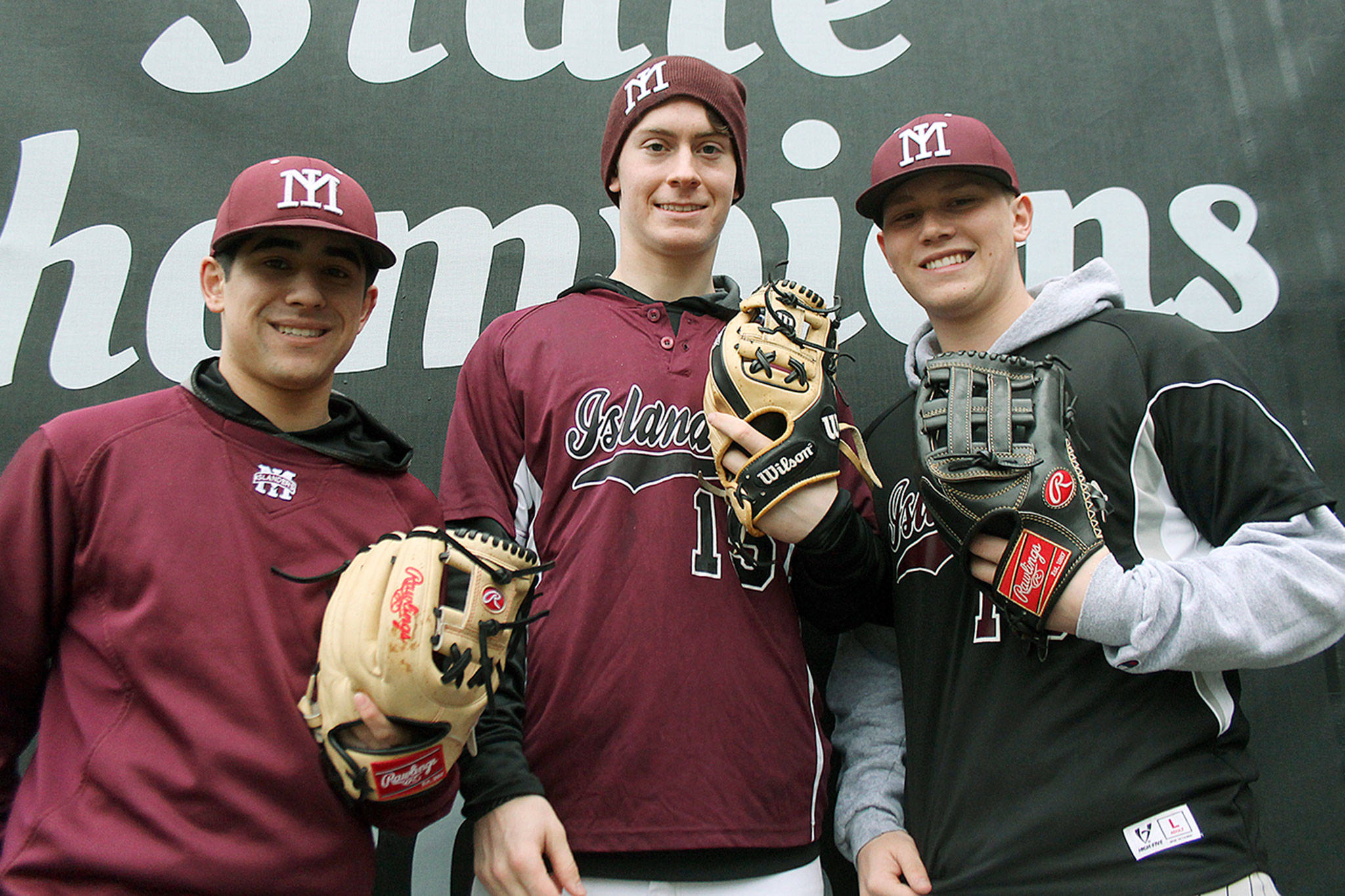 From left, Mercer Island baseball captains Noah Hsue, Jack Smith and Alex Shanks (Joe Livarchik/staff photo).