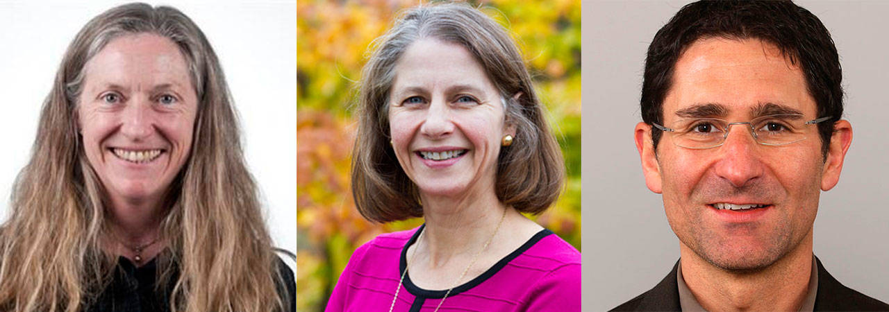 From left, Patricia (Trish) Coffey, Leslie Hendricks Fall and Adrian Hanauer are the 2017 recipients of Mercer Island School District&rsquo;s Pathfinder Awards. Contributed photos