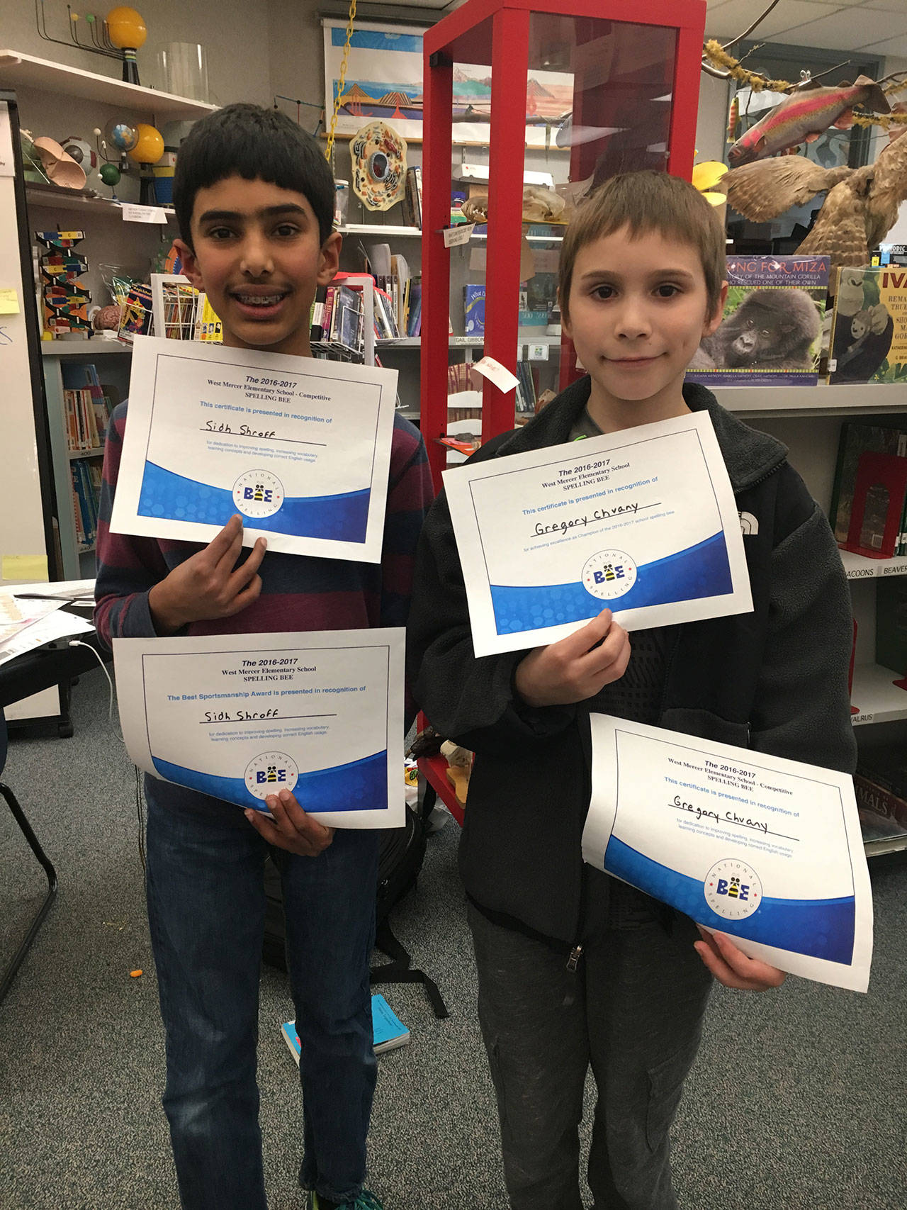 West Mercer Elementary students Sidh Shroff (left) and Gregory Chvany. Photo courtesy of Dalia Silverstein