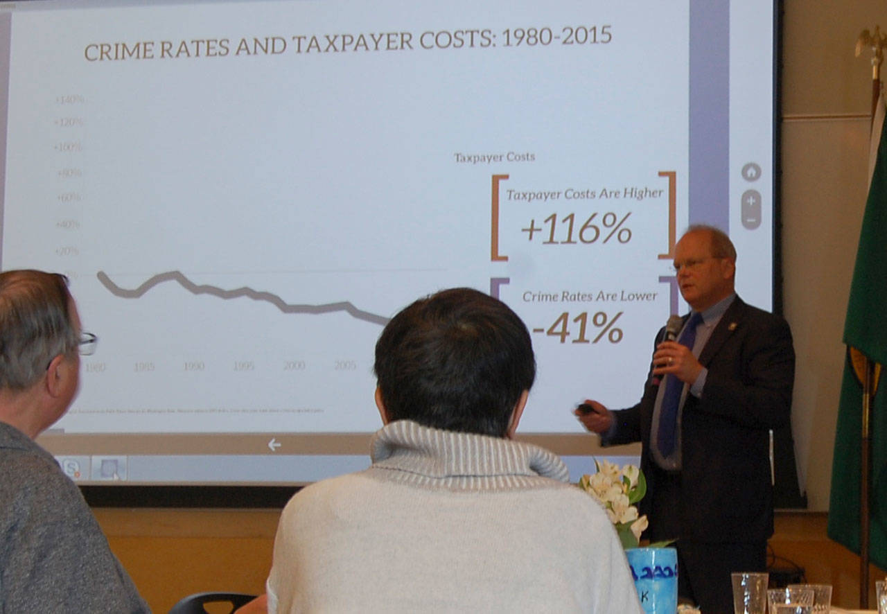 King County Prosecutor Dan Satterberg speaks at the April 6 Mercer Island Chamber of Commerce meeting. Katie Metzger/staff photos