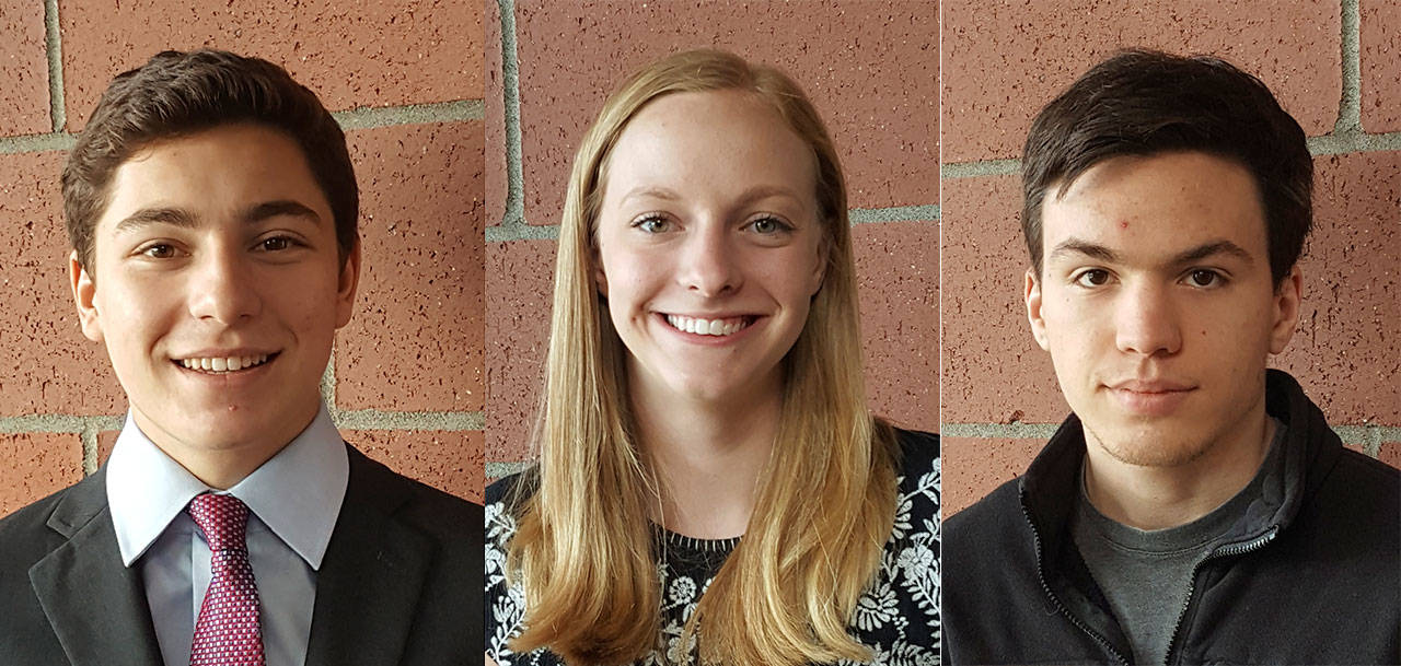 MIHS seniors Mitchell Meade, Maya Rudd and James Bellito were named Mercer Island Rotary Club’s students of the month for April. Contributed photos