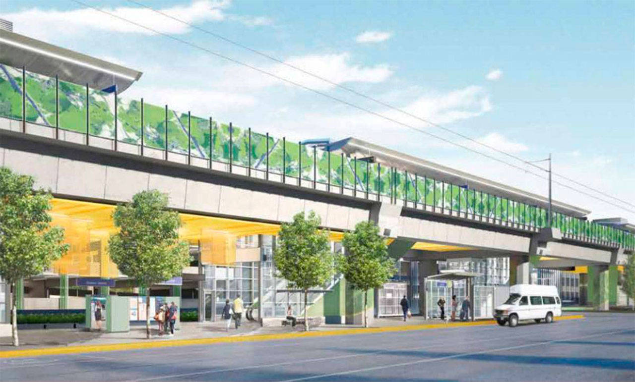 The north entry for the planned South Bellevue station, which will include bus and paratransit transfer facilities and a 1,500-stall parking garage. The current South Bellevue Park and Ride will close May 30. Image courtesy of Sound Transit