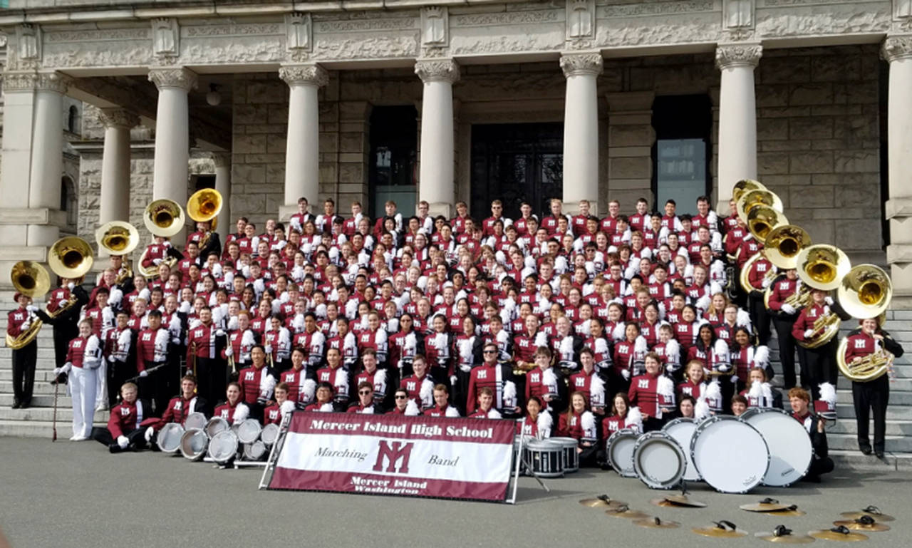 The Mercer Island High School Band poses at the Parliament Building in Victoria BC after performing on May 21. Photo via Twitter