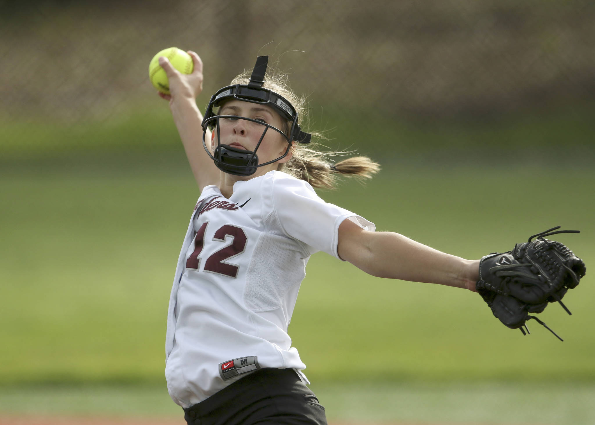 Photo courtesy of Jim Nicholson                                Mercer Island pitcher Maddie Rowe delivers a pitch against the Liberty Patriots in the season finale on May 5.