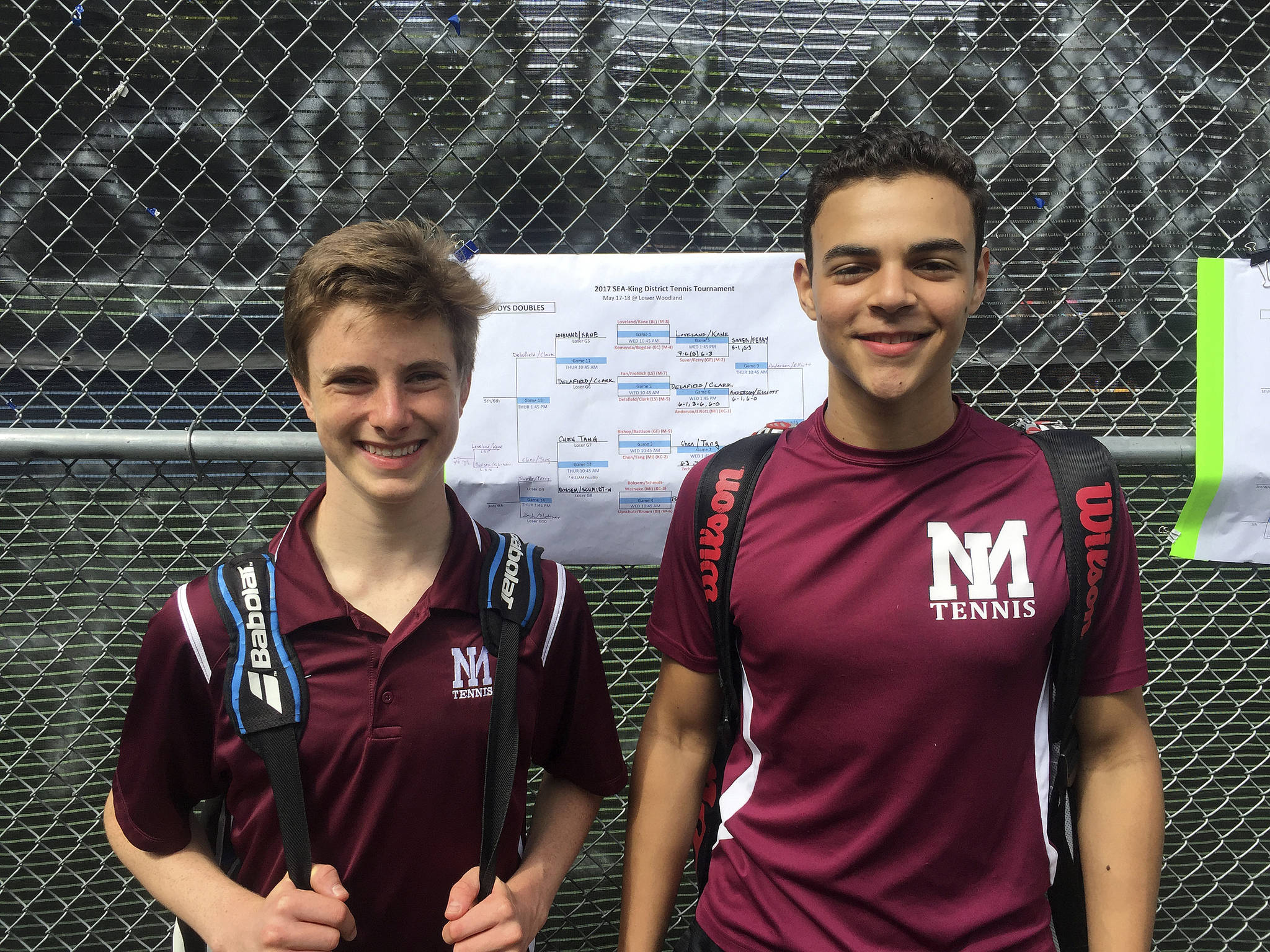 Photo courtesy of Carol Gullstad                                The Mercer Island boys doubles tennis squad consisting of Christian Anderson/Chris Elliot defeated Lakeside’s Eli Fonseca/Jason Edmonds 2-0 (6-2, 6-1) in the Class 3A 2017 Sea-King District doubles championship match on May 18 at Lower Woodland Park in Seattle. The Anderson/Elliot duo had a perfect 3-0 overall record at the tournament. The Islanders boys tennis team won the Sea-King district tournament as a team. The Mercer Island girls tennis doubles team consisting of Chloe Gage and Grace Bethards captured fourth place as well at the Sea-King tournament.