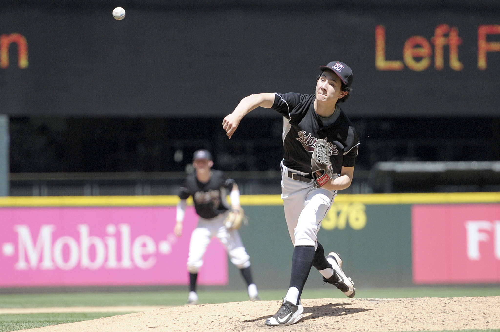 Photo courtesy of Patrick Krohn                                Mercer Island starting pitcher Robert Weaver surrendered just two hits in seven innings of work on the hill against the Edmonds-Woodway Warriors in the Class 3A third/fourth place game on May 27 at Safeco Field in Seattle.