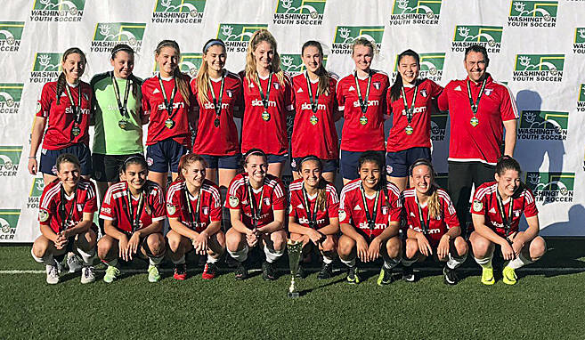 Photo courtesy of Carolyn Counihan                                Mercer Island residents Kendall Riley and Camryn Steiner were members of the Eastside FC G99 red girls soccer team that captured the Washington Youth Soccer State championship on May 7. Eastside FC defeated Crossfire G99A 5-2 in the U18 championship game at the Starfire Sports Complex in Tukwila.