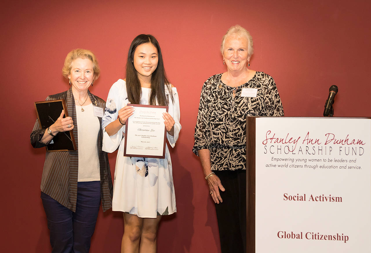 Stanley Ann Dunham Scholarship Fund Board Chair Clare Meeker (left) poses with 2017 scholar Christine Lee and Selection Committee Chair Maxine Box. Photo courtesy of Clare Meeker