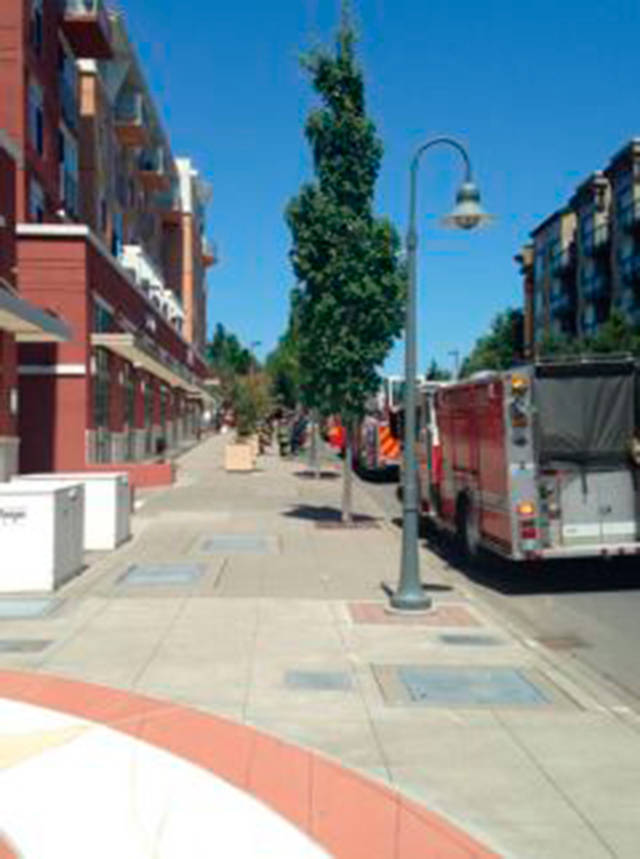 Fire units respond to the Mercer Apartments in downtown Mercer Island on Thursday. Photo courtesy of the city of Mercer Island