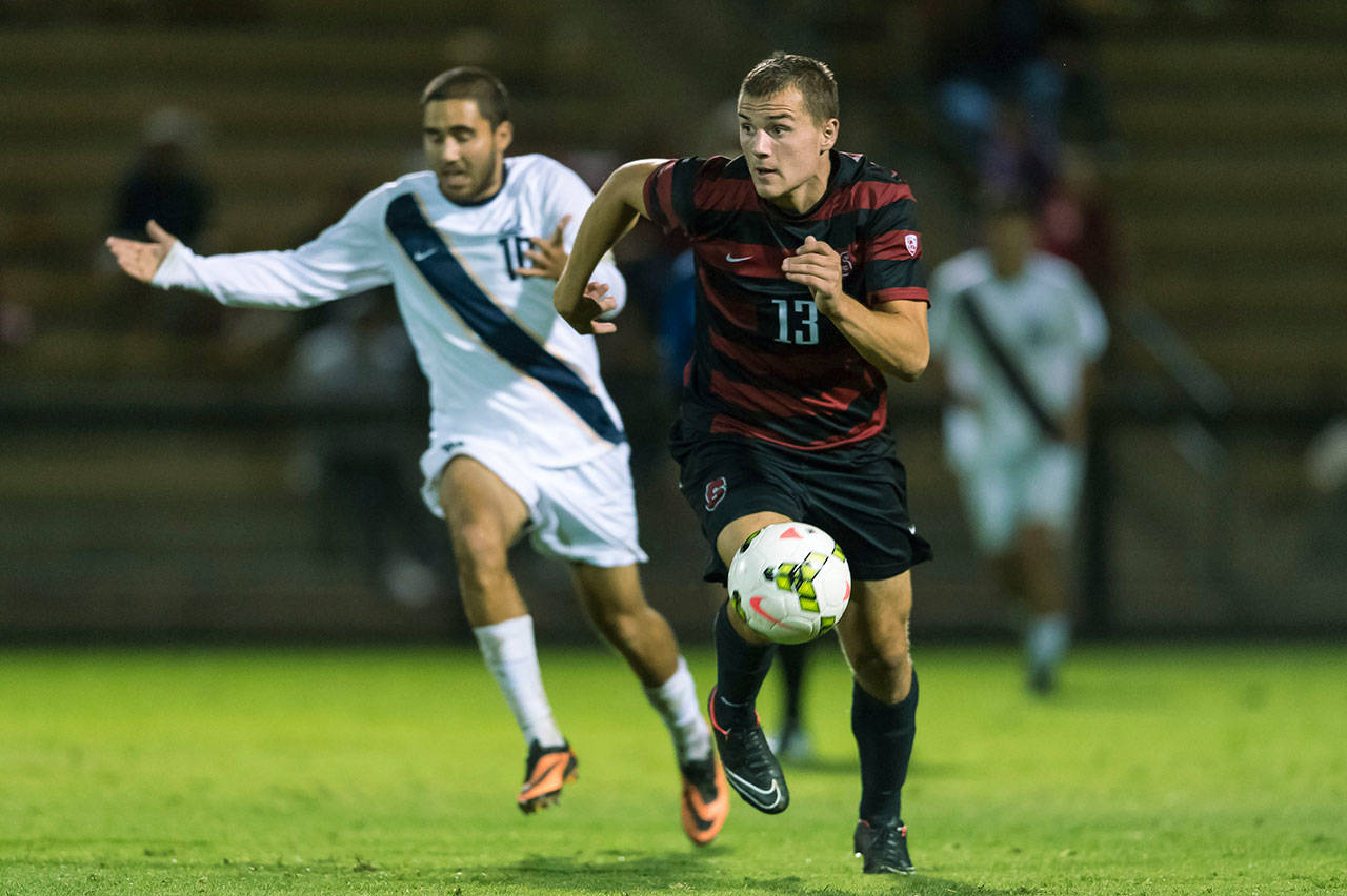 Islander Jordan Morris led Stanford to its first NCAA championship in 2015, then won an MLS Cup and a Gold Cup. Photo courtesy of Jim Shorin/StanfordPhoto.com