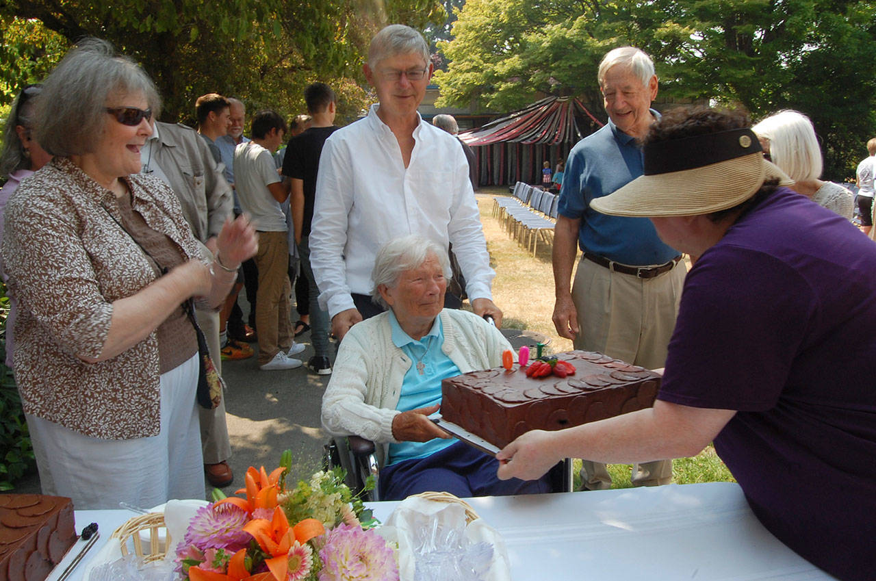 Ruth Mary Close, who was baptized, confirmed and married in the same church on Mercer Island and still lives here, celebrates her 100th birthday with family and friends at Emmanuel Episcopal Church on Aug. 8. Katie Metzger/staff photo