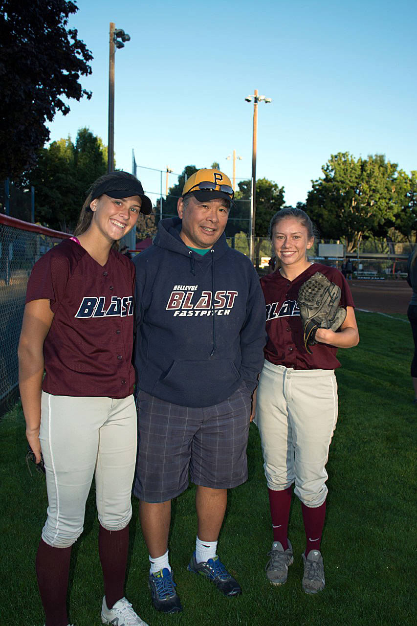 Photo courtesy of Debbie Gentzen                                The Bellevue Blast 18U softball team competed in the United States Nationals softball tournament which concluded on Aug. 6 in Salem, Oregon. The Blast advanced to the quarterfinals and compiled an overall record of 3-2 in tournament play. There were 49 teams across the nation who competed at the tournament. Mercer Island players on the roster consisted of Maddie Rowe (pictured on left) and Olivia Kane (pictured on right). Mercer Island head coach Dale Watanabe (middle) was the team statistician.
