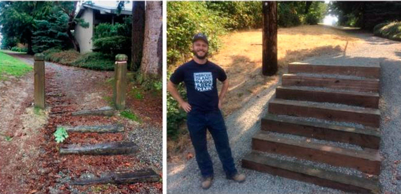 Andy Prince stands by the new trail stairs he built with the Parks Natural Resources crew connecting Southeast 42nd Street between 85th Avenue Southeast and 86th Avenue Southeast. A new handrail, to be installed soon, will be the finishing touch. Photo courtesy of the city of Mercer Island