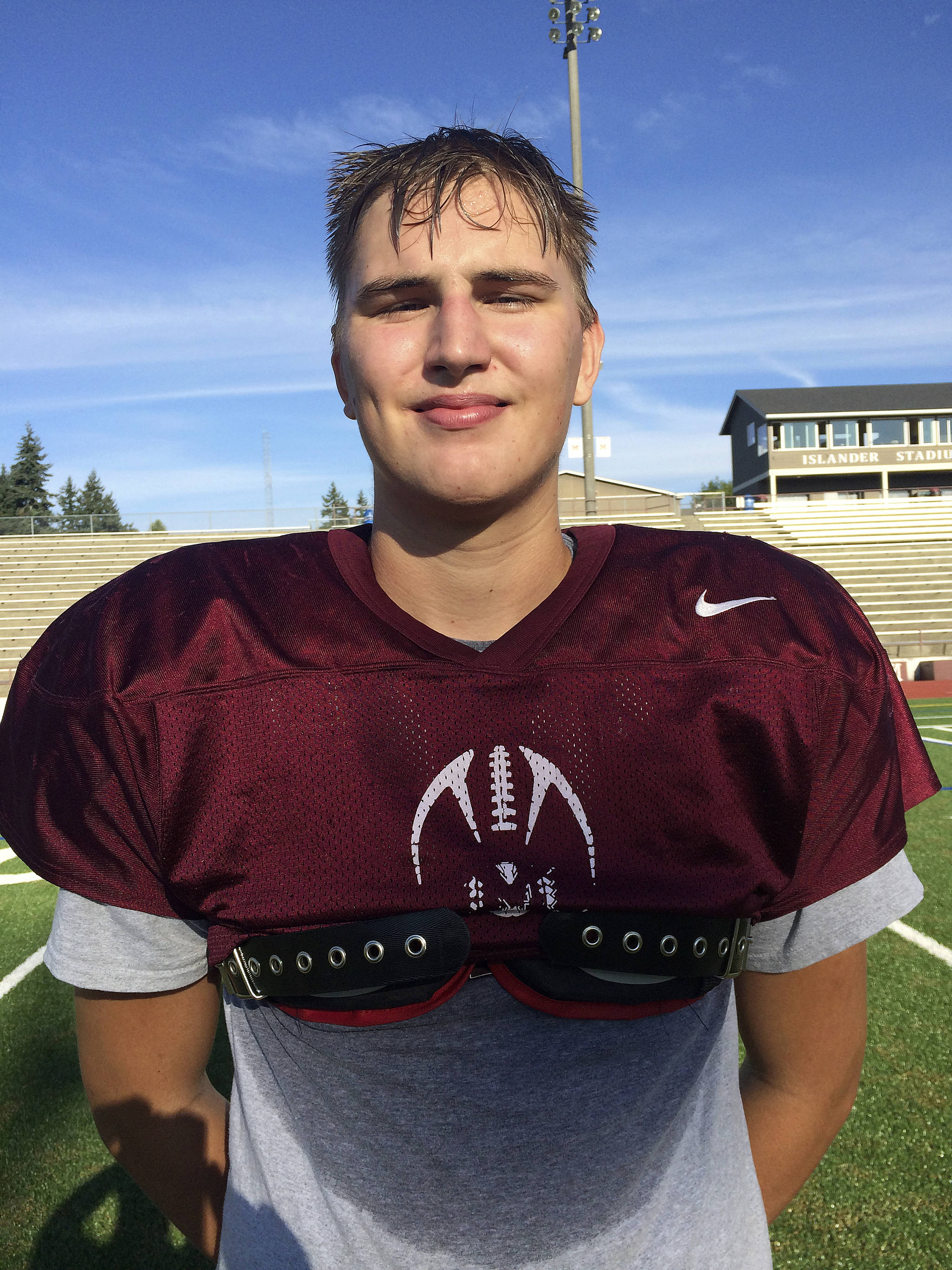 Shaun Scott, staff photo                                Mercer Island Islanders left tackle Aksel Turk is a force in the trenches for his football team.