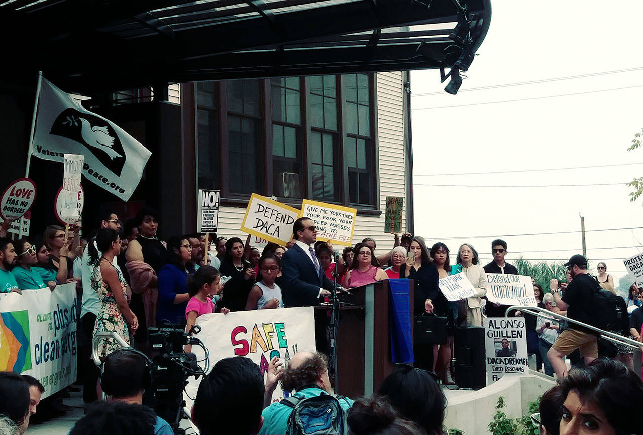 Washington state Lt. Gov. Cyrus Habib addresses a rally in Seattle opposing the Trump administration’s decision to end the Deferred Action for Childhood Arrivals (DACA) program earlier that morning. Aaron Kunkler/Redmond Reporter