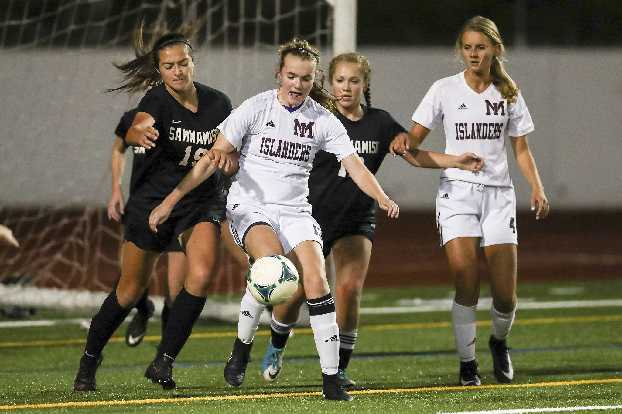 Photo courtesy of Rick Edelman/Rick Edelman Photography                                The Mercer Island Islanders girls soccer team captured a 2-0 win against the Interlake Saints on Oct. 17. The Islanders have an overall record of 10-1-1 and are in first place in the KingCo 3A/2A division. Liberty is in second place with a record of 9-2-1. Mercer Island player Kendall Riley (pictured) gains control of the ball in a game against the Sammamish Totems on Oct. 10. Mercer Island will host the Redmond Mustangs in their final regular season home game of the 2017 season at 7:30 p.m. on Oct. 24 at Mercer Island High School.
