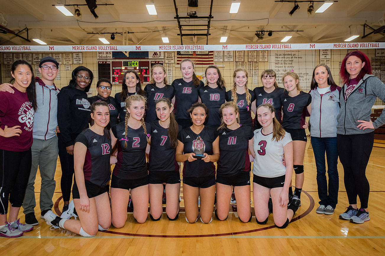 Photo courtesy of John Fisk                                The Mercer Island Islanders girls volleyball team captured the 2017 Class 3A KingCo tournament title courtesy of a 3-1 win against the Bellevue Wolverines in the championship match on Oct. 28 at Mercer Island High School. It was the third time during the season the Islanders had defeated the Wolverines. Mercer Island will compete in the Sea-King District tournament at Sammamish High School in Bellevue from Nov. 1 through Nov. 4.