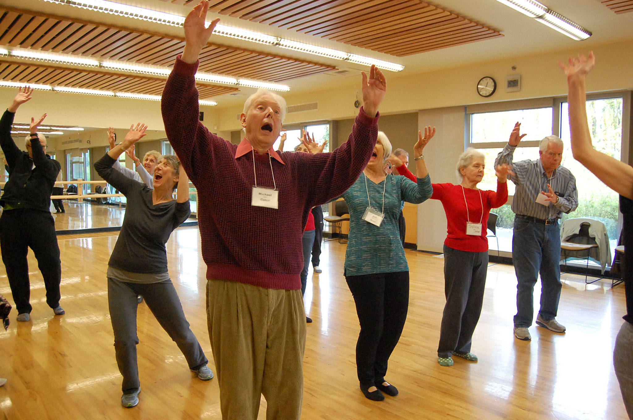 People with Parkinson’s in Mercer Island’s Dance for PD class learn a routine called the “jitterbug.” Katie Metzger/staff photo