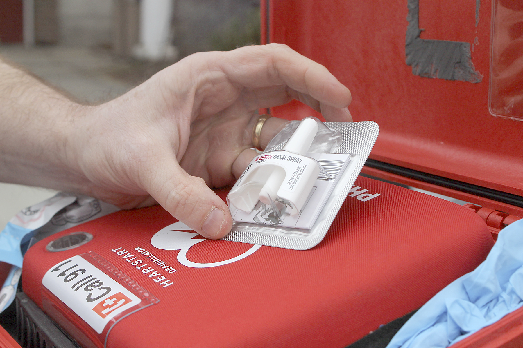 Langley Police Chief David Marks displays a 4mg dosage of Narcan, which is usually stored in his defibrillator box. Evan Thompson/The Record