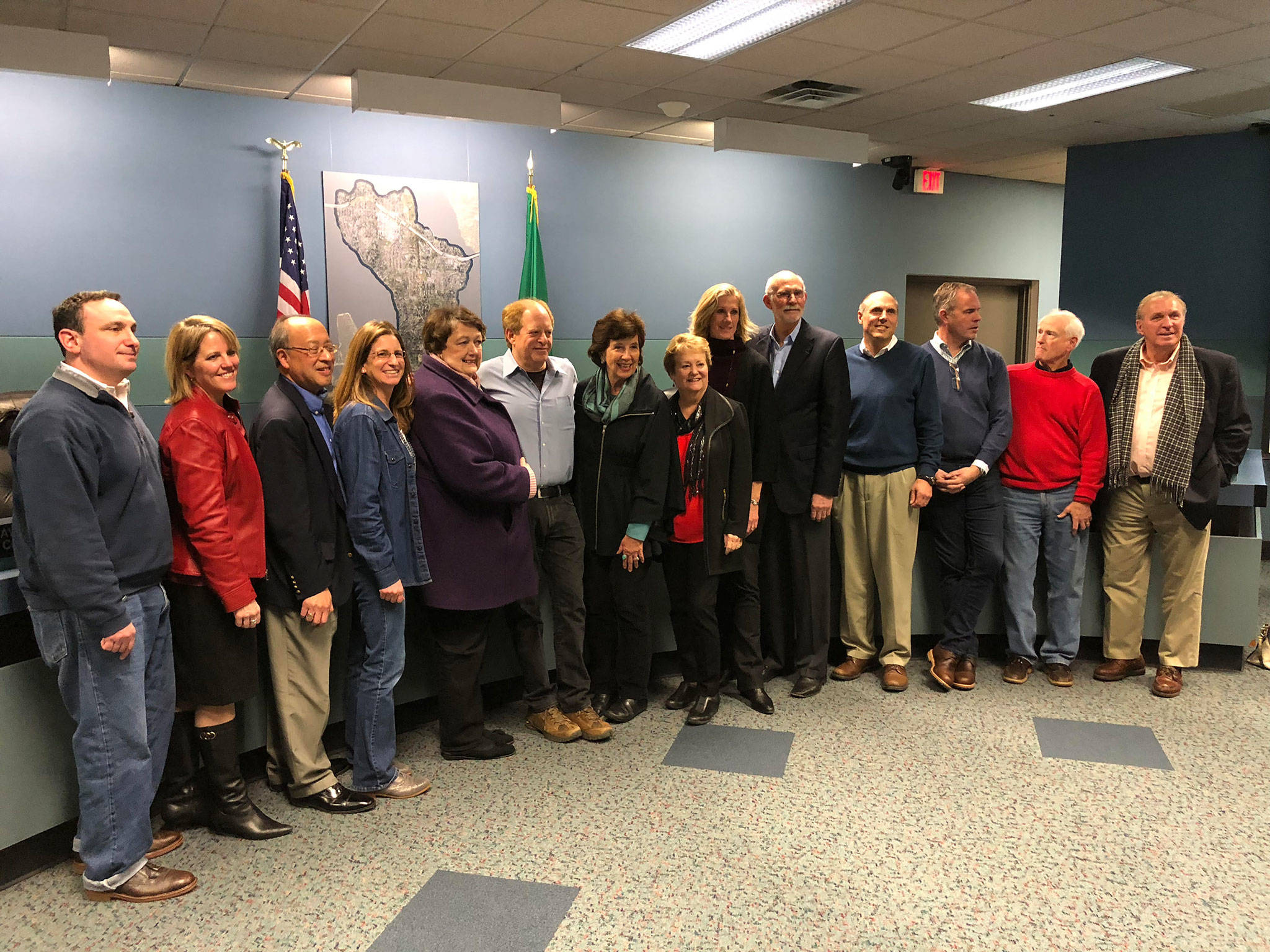 Many of the people Dan Grausz shared time with on the city council, along with many other community members, honored his service to Mercer Island on Dec. 5. Photo courtesy of David D’Souza